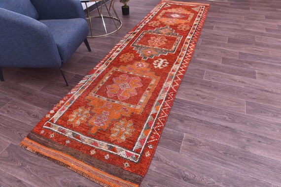 3x11 Vintage Turkish Runner Rug, Red Orange Color, Handmade Wool, 3x11 Hallway Kithcen Rug, Soft Wool Rug, 3x11 Traditional Runner Rug