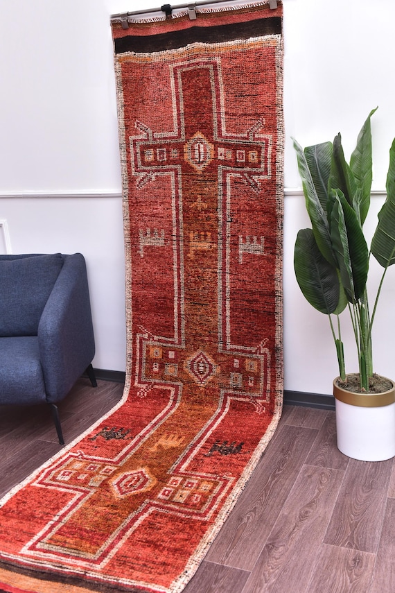 3x11 Vintage Burgundy Runner Rug, Handmade Soft Wool, Traditional Design, Farmhouse Decor, Turkish Hallway Rug