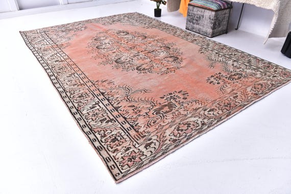 6x9 Vintage Pink Area Rug, 6x9 Coral Salmon Color, 6x9 Medallion Pattern, Turkish Oushak Style Large Living Room Rug, 6x9 Distressed Rug