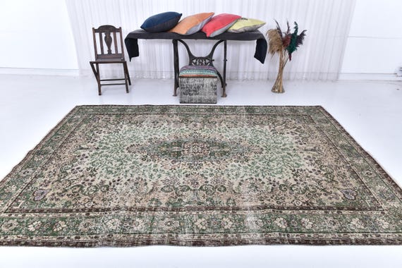 7x10 Pastel Green Beige Brown Vintage Rug, 7x10 Oversized Vintage Rug, Large Area Rug, 7x10 Rug, Wool Hand Woven Rug, 7x10 Living Room Rug,
