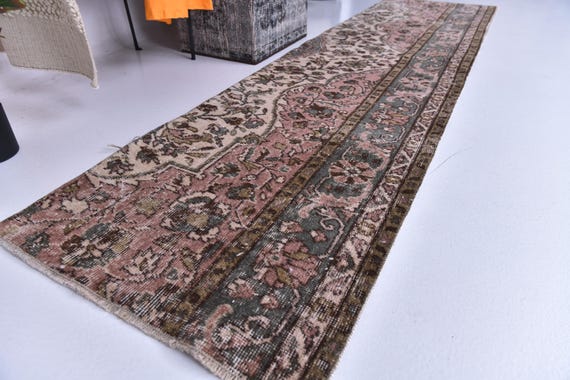 2x8 Vintage Faded Runner Rug, 2x8 Handmade Geometric Runner, Pink  Green Color, 2x8 Elegant Runner, 2x8 Hallway Rug, 2x8 Kithcen Runner Rug,