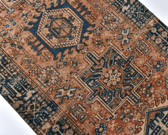 3x14 Persian Heriz Runner Rug, 3x14 Persian Runner 3x14 Rug Long Handmade Vintage 3x14 Runner Rug 3x14 Vintage Runner Navy Blue Persian Rug