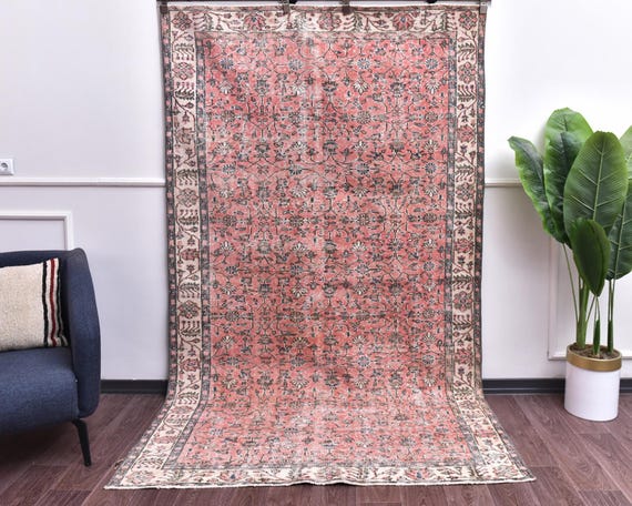 5x9 Vintage Distressed Medallion Handmade Floral Red Rug, Outlet, Pale Red Cream Color