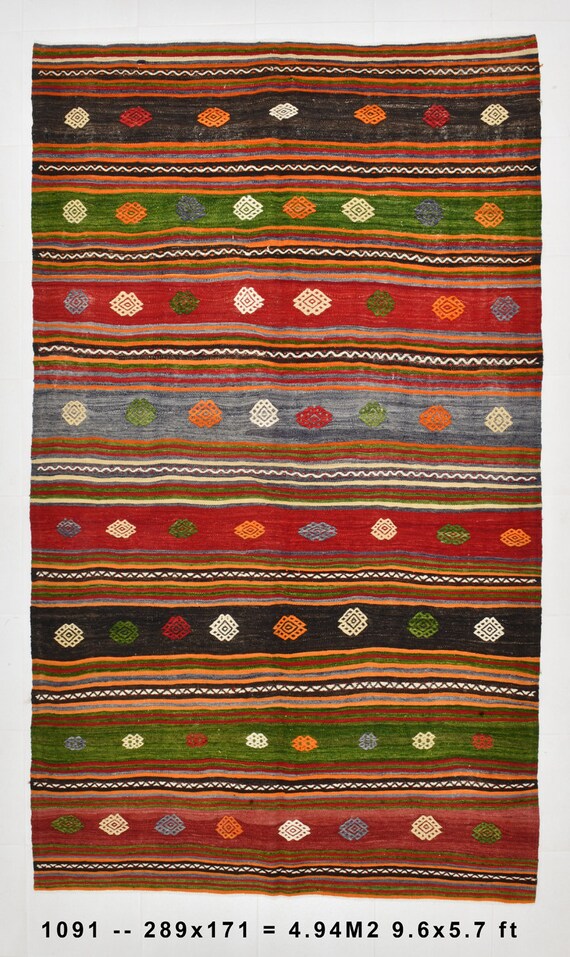 5x9 Area Rug, 5x9 CLASSIC STRIPED Vintage Kilim Rug, 5x9, Modern Striped Style, Turkish Kilim Rug, Multicolor Bold Color Kilim, Anatolian