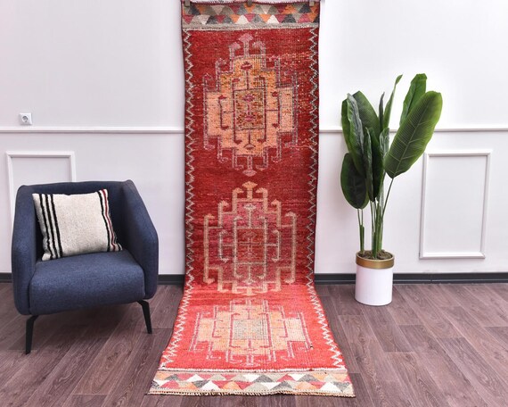 3x11 Vintage Handmade Traditional Burgundy Orange Wool Runner Rug, Outlet