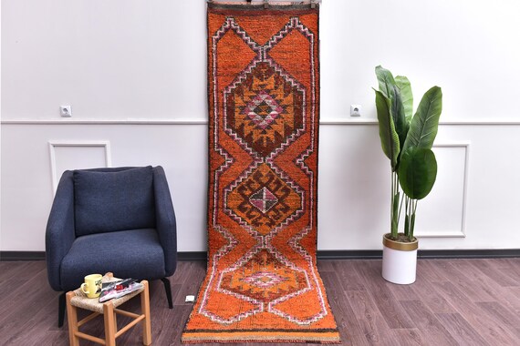 3x10 Vintage Handmade Traditional Stair Runner Rug, Red Orange Color