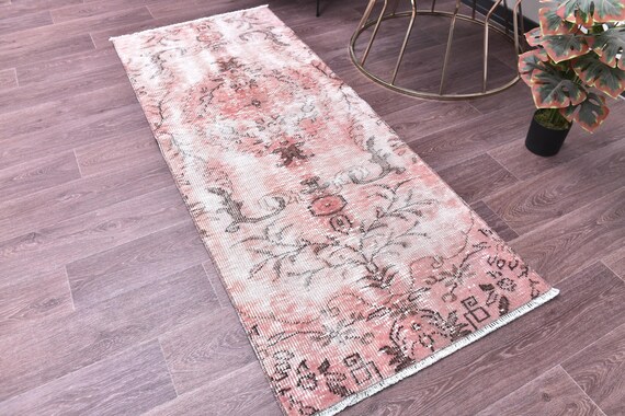 2x6 Vintage Faded Small Runner Rug, 2x6 Handmade Wool Rug, Salmon White Color, 2x6 Elegant Runner, 2x6 Hallway Rug, 2x6 Kithcen Runner Rug