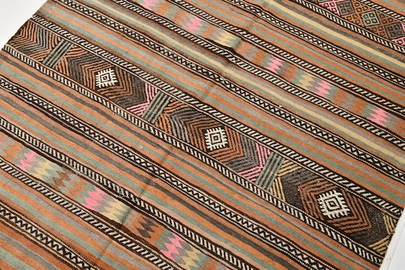 5x8 TURKISH VINTAGE KILIM Rug, 5x8, Vintage Kilim Rug, Orange & Brown Kilim, Wool Hand-Made Kilim, Embrioderd Kilim, Rugs 5x8, Antique Kilim