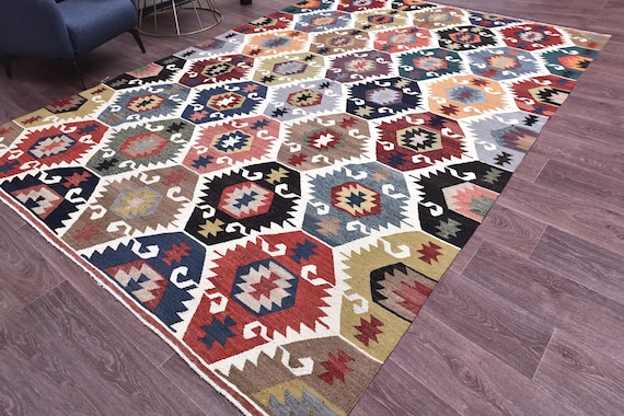 8x12 Vintage Turkish Kilim Rug, 8x12 Multicolor Kilim Rug, Handwoven Wool Jute Kilim Rug 8x12 Traditional Kilim Rug Living Room Bedroom Rug