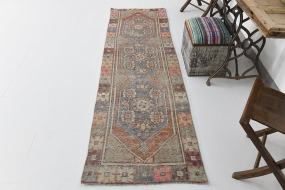 3x9 Runner Rug, 3x9 Vintage Runner, 3x9 Gray Blue Vintage Runner Rug, Narrow Handmade Rug, 3x9 Turkish Runner, Rugs For The Hallway, 57s