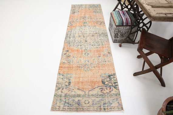 3x9 Blue & Orange Vintage Runner Rug, 3x9 Vintage Runner, Wool Handmade Oushak, 3x9 Rugs, Oriental Madallion Style, Rug For Hallway Hall