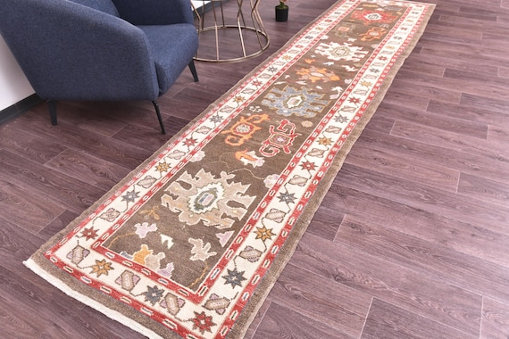 3x13 Vintage Oushak Runner Rug, 3x13 Hallway Rug, Brown Red Cream Color, 3x13 Handmade Runner Rug, Medallion Rug, 3x13 Kithcen Runner