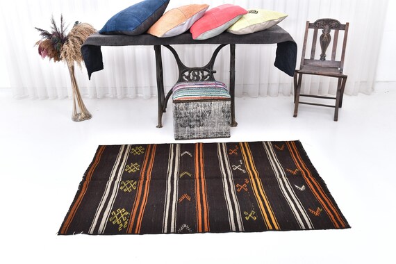 3x5 Area Rug, 3x5 Vintage Kilim, 3x5 Turkish Vintage Kilim Rug, 3x5 Shades Of Bold Color Kilim, 3x5 Classic 59's Striped Style Area Rug