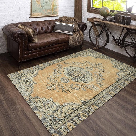5x9 Vintage Rug - 5x9 Light Mustard Blue Vintage Rug - 5x9 Rugs - Retro Handmade Aesthetic Rug - Vintage Rug 5x9 - Rug For Living Room Foyer