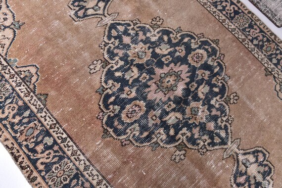 5x8 Turkish Faded Rug, Peach Blue Color, 5x8 Handmade Wool Rug, Living Room Bedroom Rug, 5x8 Antique Medallion Rug, 5x8 Persian Rug, 5x8 Rug