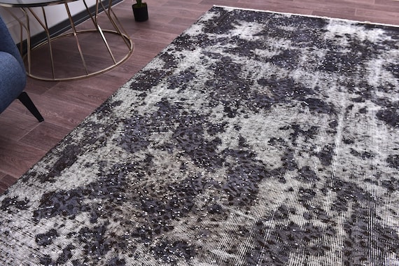 6x9 Vintage Overdyed Turkish Rug, Handmade Wool Rug, 6x9 Gray Black Color, Abstrach Patterned Rug, Farmhouse Rug, 6x9 Living Room Rug