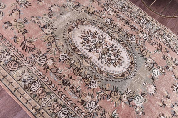 6x9 Vintage Turkish Oushak Rug, Dusty Rose Green Color, 6x9 Medallion Design, 6x9 Handamde Wool Rug, 6x9 Traditional Rug, Floral Rug 6x9,