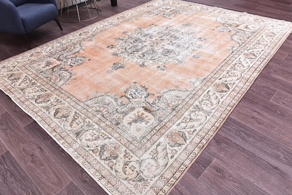 8x11 Vintage Medallion Rug, Orange Beige Color Rug, Authentic Turkish Rug 8x11, Living Room Bedroom Rug, 8x11 Area Rug, Faded Area Rugs