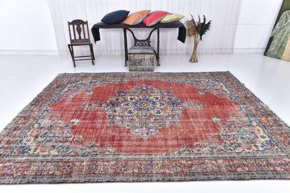 Antique Vintage Turkish Rug, 8x10 Faded Red & Grey Rug, 8x10 Oversize Rug, Extra Large Area Rug, 8x10, Turkish Wool Handmade, Rug for Home,