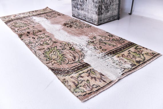 2x6 Vintage Floral Rug, Salmon Brown Color, 2x6 Handwoven Oriental Runner, 2x6 Hallway Runner Rug, 2x6 Handmade Wool Rug, 2x6 Turkish Rug