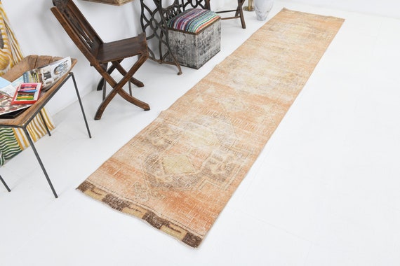 3x12 Turkish Vintage Runner Rug,3x12 rug,Handmade Oushak Rug,Faded Beige Rug,Hallway Vintage Rug,Boho Chic Rug,Runner Rug,Turkish Runner7044