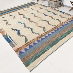 9x12 Green & Beige Kilim Rug, Oversized Kilim Rug, Large Area Rug, 9x12 Rug, Wool Handmade Kilim, Geometric Ethnic Style, Rug For Farmhouse