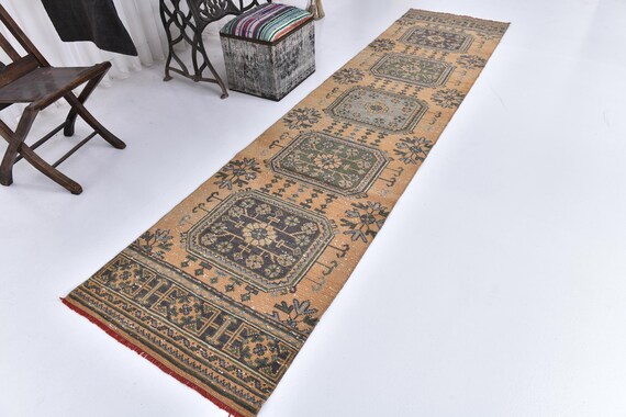 3x11 Pale Orange Vintage Runner Rug, 3x11 Vintage Runner, 3x11 Rugs, Pastel Handmade Wool Rug, Turkish Runner 3x11, Rug For Hallway Entrway