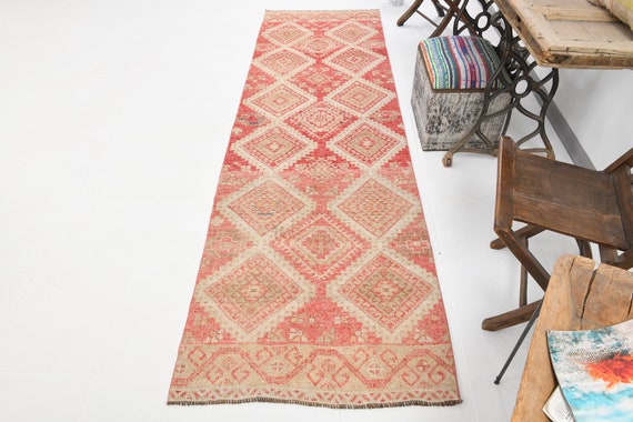 3x10 Geometric Turkish Vintage Runner Rug, Shades Of Red Beige, Oushak Handmade Wool Carpet, Farmhouse Decor, Rugs For Hallway Runner, Gift