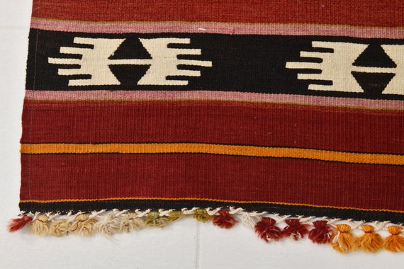 2x9 Burgundy Kilim Runner Rug, 2x9 Vintage Kilim Rug, 2x9, Kilim Runner Rug, Oushak Handmade Rug, 2x9 Runner Rug, Red & Green Kilim, 60s