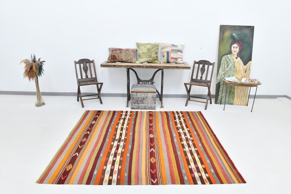 6x7 Rugs, 6x7 Kilim Rug, 6x7 Contemporary & Modernist Kilim Rug, 6x7, Vintage Kilim Rug, Wool Handmade Turkey, Bold Colorful Kilim, Antique