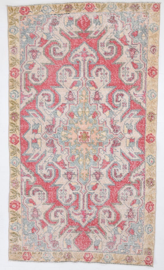 4x7 Vintage Turkish Colorful Rug, 4x7 Handmade Area Rug, Living Room Rug, Red Blue Color Rug, Authentic Rug, Floral Rug 4x7,