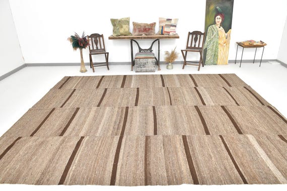 10x13 Kilim Rug, 10x13 Brown Beige Jute Kilim Rug, 10x13 Oversized Kilim Rug, Large Area Rug, Handmade Wool Jute Rug, 10x13 Rugs, Rugged Rug