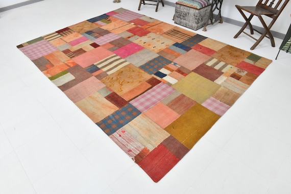 7x10 Oversize Turkish Vintage Kilim Patchwork Rug, Shades Of Multicolor Kilim Wool Handmade Oushak 7x10 Rugs Patchwork Boho Style Antique