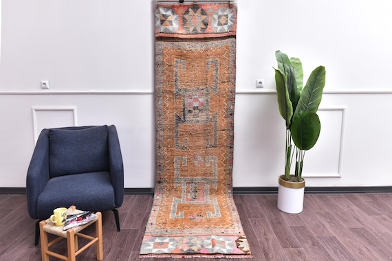 3x10 Vintage Handmade Copper Runner Rug, Soft Wool Rug