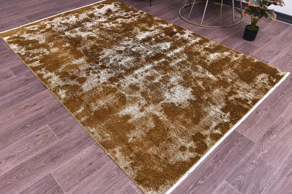 5x8 Vintage Overdyed Rug, Golden Mustard Brown Color, 5x8 Handmade Wool Rug, Living Room Bedroom Rug, 5x8 Area Rug, Turkish Faded Rug