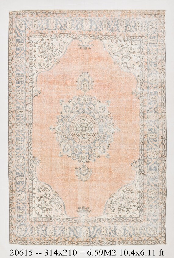 7x10 Area Rug, 7x10 Vintage Rug, 7x10 FADED TURKISH VINTAGE Rug, 7x10, Handmade Oushak Rug, Faded Orange Beige Rug, Vintage Rug 7x10, Carpet