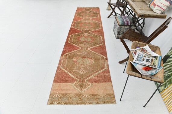 3x13 Rugs, 3x13 Vintage Runner, 3x13 LONG VINTAGE RUNNER Rug, 3x13, Oushak Handmade Rug, Brown Tones Rug, Turkish Runner, Rug For Hallway