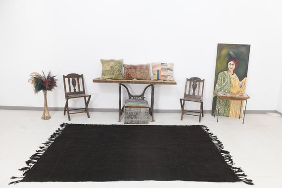 5x8 Area Rug, 5x8 Modern Hemp, 5x8 TURKISH VINTAGE HEMP Rug, 5x8, Natural Handmade Hemp, Black Hemp Area Rug, 5x8 Rug, Rug For Bedroom 60s