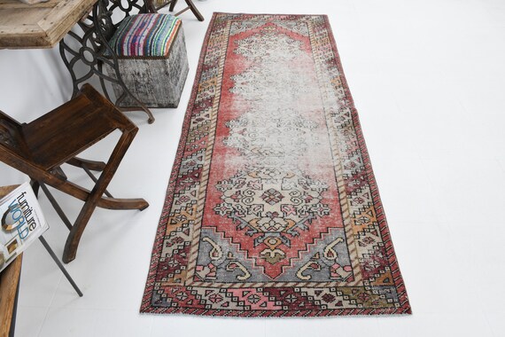 3x8 Vintage Faded Accent Rug, 3x8 Distressed Rug, Farmhouse Decor, 3x8 Red Blue Color Rug, 3x8 Hallway Runner Rug, 3x8 Area Rug