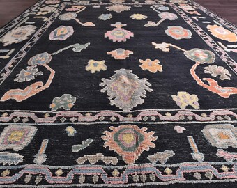 Tappeto Oushak vintage nero 11x14, tappeto in lana e iuta 11x14, tappeto tribale turco, fatto a mano, tappeto con tessitura rara