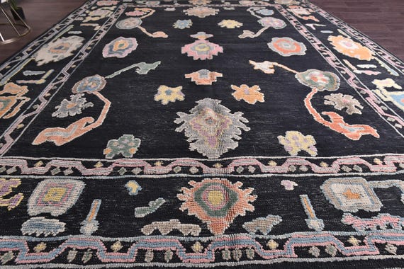 11x14 Vintage Black Oushak Area Rug, 11x14 Wool Jute Rug, Turkish Tribal Area Rug, Handmade, Rare Weave Rug