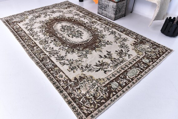 5x9 Vintage Distressed Area Rug, 5x9 Turkish Brown Rug, Oriental Style Home Decor, Brown Cream Green, 5x9 Traditional Design, Farmhouse Rug