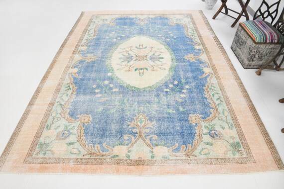 7x10 Vintage Rug, Oversize Vintage Rug, Large Area Rug, 7x10 Rug, Handmade Wool Aesthetic, Blue & Beige Carpet, Turkish Rug 7x10, Antique