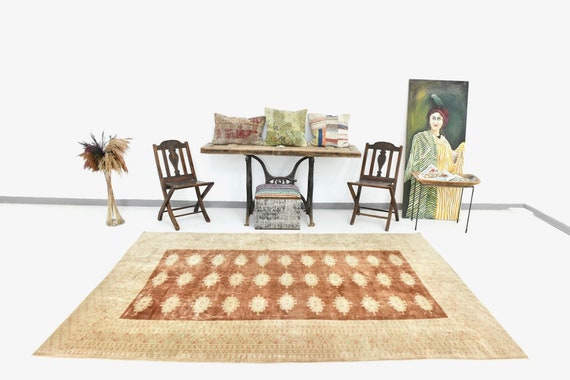 6x9 Area Rug, 6x9 Pastel Persian, 6x9 Brown Beige Persian Area Rug, 6x9, Wool Handmade Turkey, 6x9 Rug, Oriental Bordered Style, Antique 58s