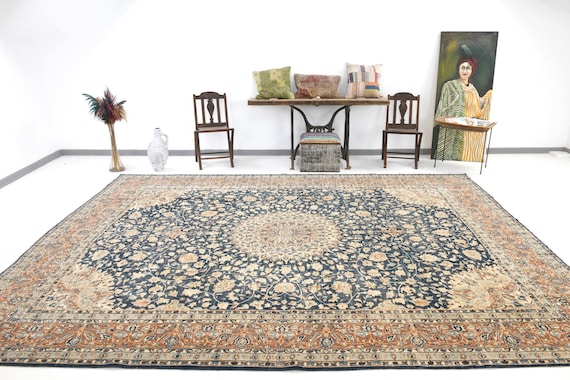10x13 Rug, 10x13 Navy Blue Persian Rug, 10x13 Oriental Vintage Persian Rug, Oversized Persian Rug, Large Area Rug, Handmade Wool Rug, Tapis