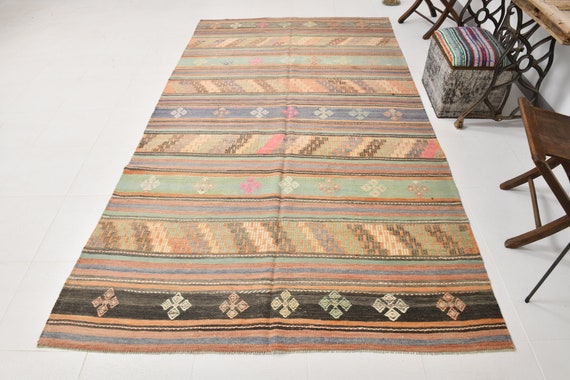 6x10 Vintage Turkish Kilim Rug: Orange Brown Striped Area Rug