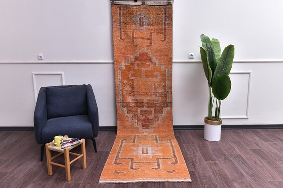 3x10 Vintage Oriental Handmade Runner Rug, Hallway Kitchen Rug, Traditional Rug, Orange Color,