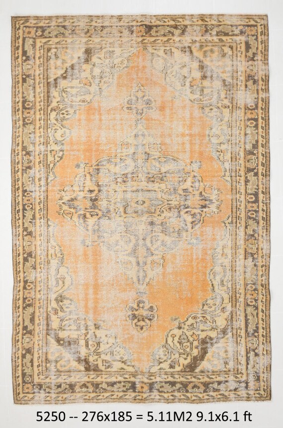6x9 Area Rug, 6x9 TURKISH VINTAGE AREA Rug, Madallion Vintage, 6x9 Rugs, Wool Handmade Oushak, Brown & Light Orange, Turkish Rug 6x9, 59s