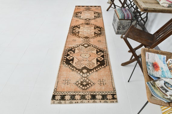 3x10 BOHEMIAN Turkish Oushak Runner Rug, Handmade Vintage Rug, 3x10 Runner Rug, 3x10 Rug, Faded Brown / Orange /Beige, Turkey Rug,Carpet3x10