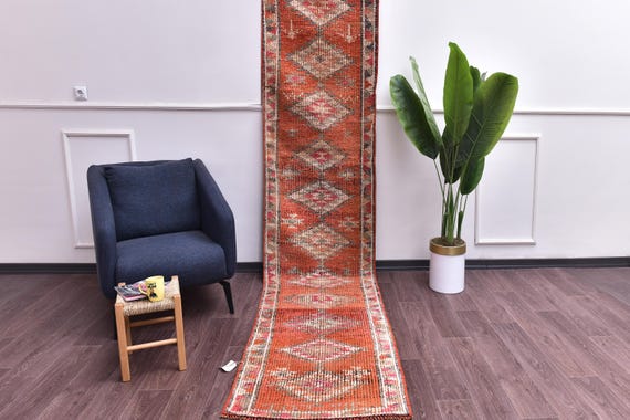 2x11 Handwoven Vintage Runner Rug, Muted Peach Cream Color, Handmade Wool, Tribal Design, Hallway Kithcen Rug